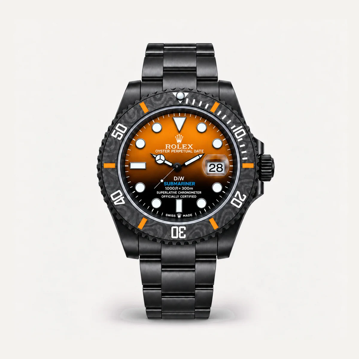 Rolex Submariner 40، DiW «Orange Gradient» (تعديل خاص) · سوار أويستر — صورة توضيحية وليست صورة للقطعة