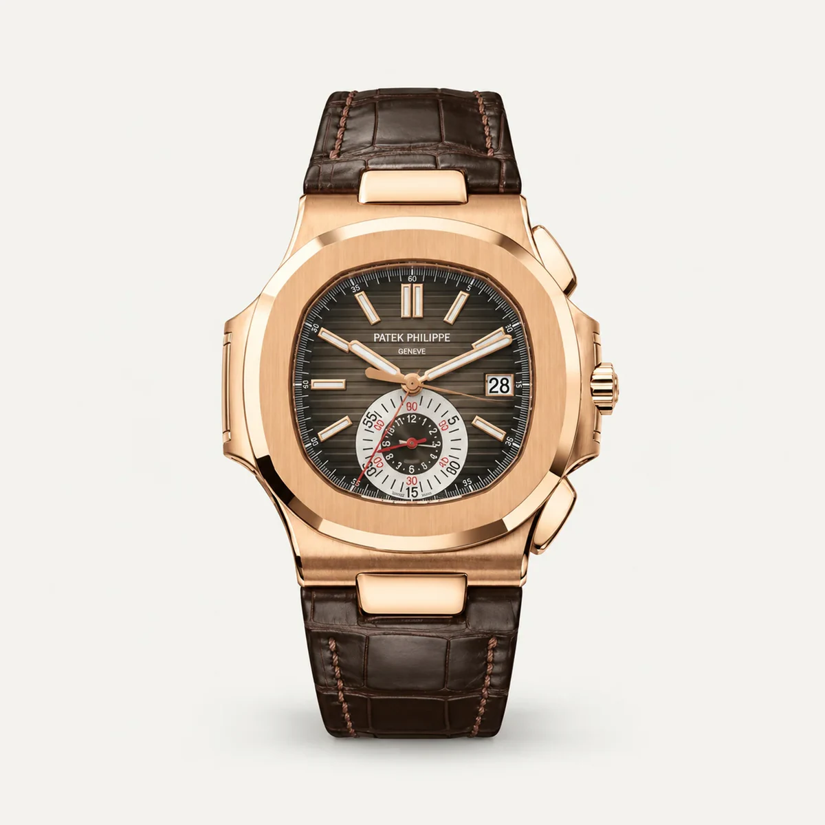 Patek Philippe Nautilus Chronograph 5980R، ميناء بني · لون الذهب الوردي · حزام جلدي — صورة توضيحية وليست صورة للقطعة