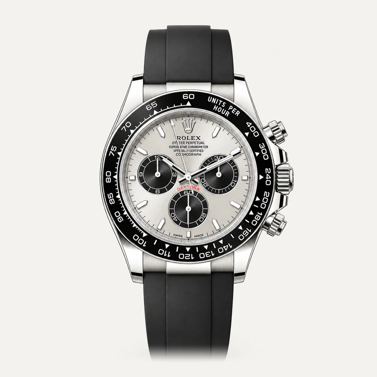 Rolex Cosmograph Daytona 40، ميناء رمادي أردوازي · حزام بنمط أويسترفليكس · الجيل الحالي — صورة توضيحية وليست صورة للقطعة