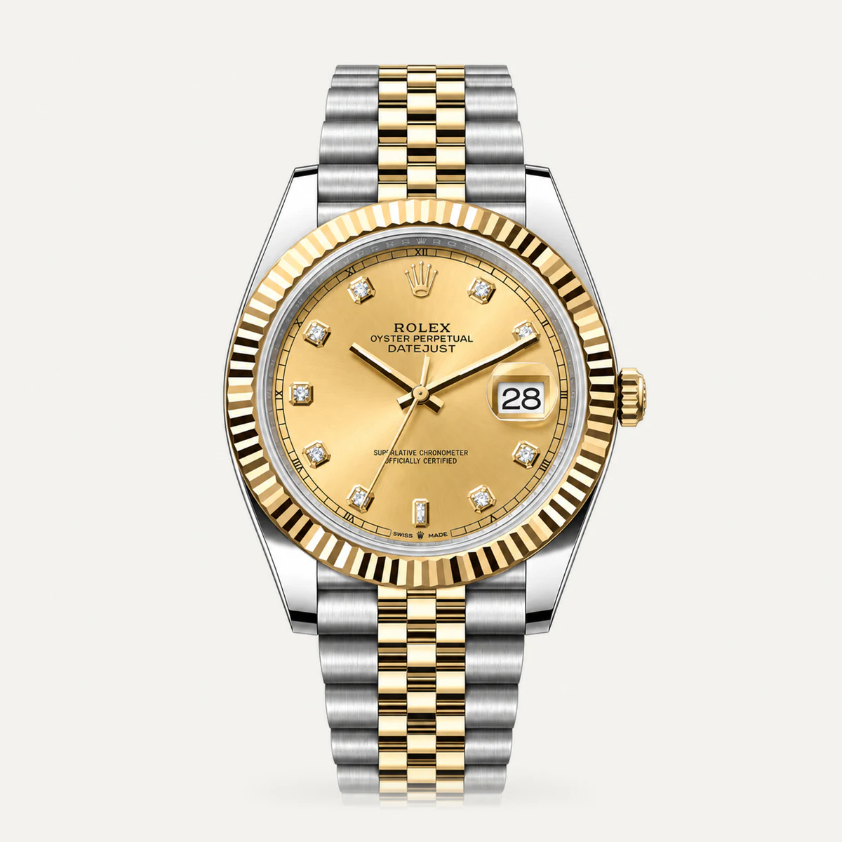 Rolex Datejust 41، ميناء شمبانيا · إطار مخدد · مؤشرات مرصّعة (أحجار مقلّدة) · سوار جوبلي — صورة توضيحية وليست صورة للقطعة